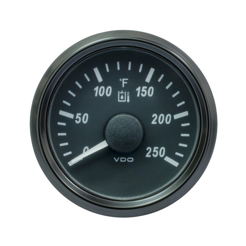 VDO SingleViu 1414 Hydraulic Temperature 250°F Black 52mm Amber Lighted w Red Pointer gauge